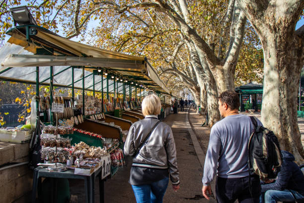 Market stalls located along the side street of Rome, Italy, en route to Vatican City.