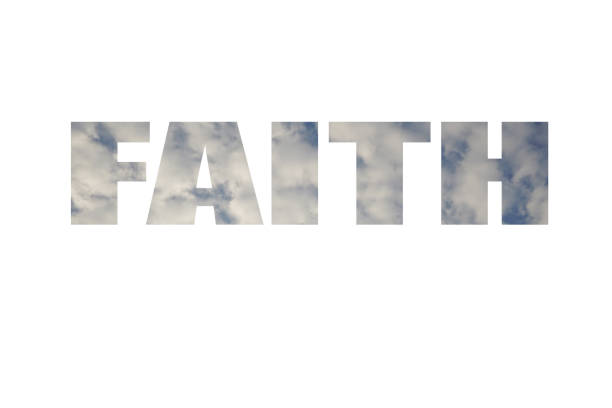 la parola di fede con trama cielo - praying religion spirituality letterpress foto e immagini stock