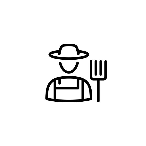 Vector Farmer Man Icon Vector farmer icon template. Flat symbol of farming man with a pitchfork. Line granger in hat illustration. Local farm village worker on background farmer icons stock illustrations