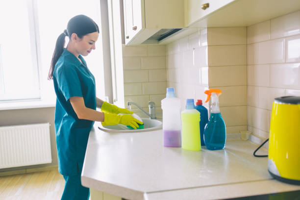 istock Concentrated cleaner works at sink. She washes dishes. There are bottles with different liquid. They stands besides girl. 1144511151