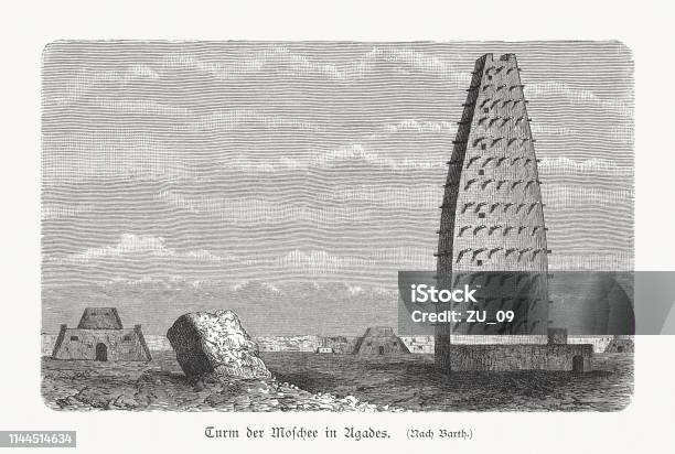 Historical View Of The Agadez Mosque Niger Woodcut Published 1897 Stock Illustration - Download Image Now
