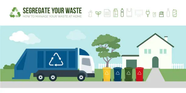 Vector illustration of Waste truck collecting garbage bins