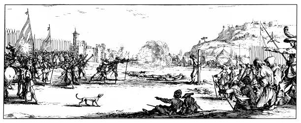 Military penalties in the Thirty Years' War: Execution by shooting Illustration of a Military penalties in the Thirty Years' War: Execution by shooting firing squad stock illustrations