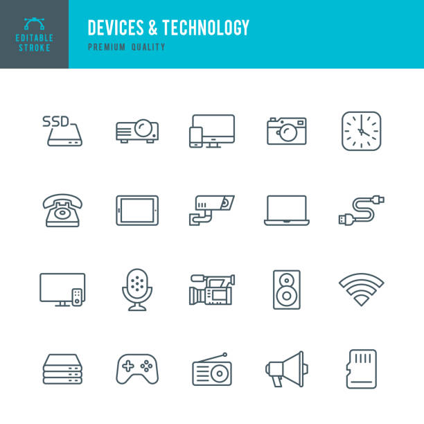 ilustraciones, imágenes clip art, dibujos animados e iconos de stock de dispositivos y tecnología-conjunto de iconos vectoriales de línea delgada - usb cable audio