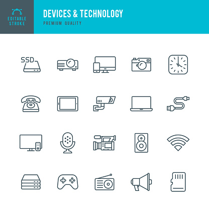Set of 20 Devices & Technology thin line vector icons. Laptop, Smart Phone, Microphone, Computer, TV, Video Camera and so on