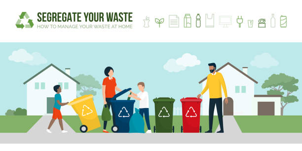 счастливая семейная сортировка отходов и переработка - green garbage bag stock illustrations