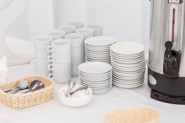 istock White ceramic mugs. Group of empty coffee cups. White cup for service tea or coffee in breakfast or buffet and seminar event. 1144517109