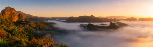 Photo of Panoramic mountain landscape and mist.