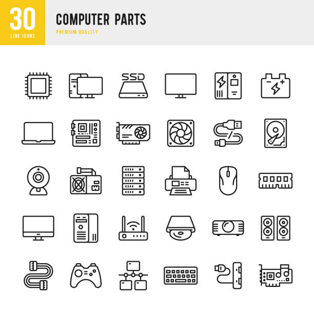 ilustraciones, imágenes clip art, dibujos animados e iconos de stock de partes del equipo: conjunto de iconos vectoriales de línea - cable de ordenador