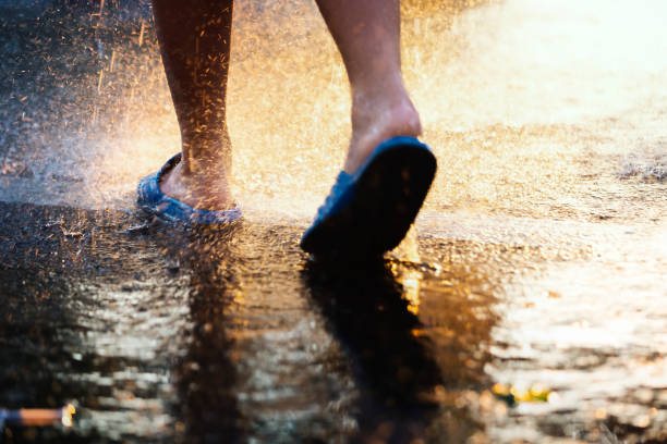 화려한 일몰 빛으로 비 아래 걷는 아시아 소년. - puddle rain child splashing 뉴스 사진 이미지