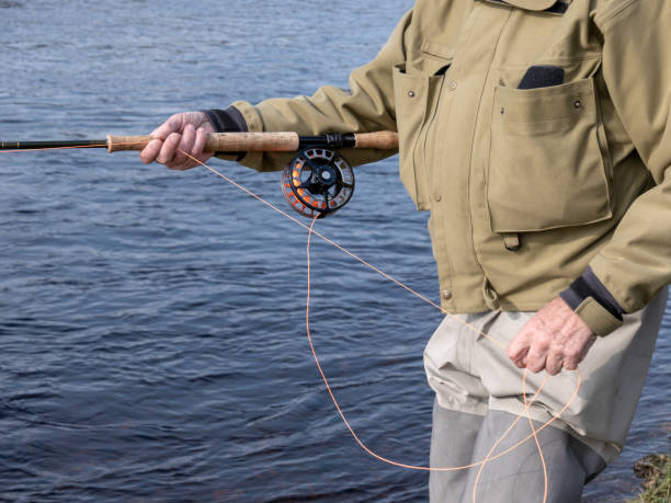 A man standing on a riverbank as he casts A man standing on a riverbank in the Scottish Highlands as he casts into a river. He is wearing grey waterproof waders and a waterproof jacket for warmth and to stay dry. He is holding a long, strong, lightweight fly-fishing rod in his right hand as he feeds bright orange line out into the flowing water using his left hand. fly fishing scotland stock pictures, royalty-free photos & images