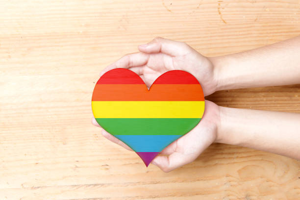 istock Human hands holding heart with rainbow flag 1144521256