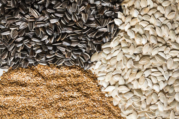 Sesame, sunflower and pumpkin seeds. Healthy eating. Food background.