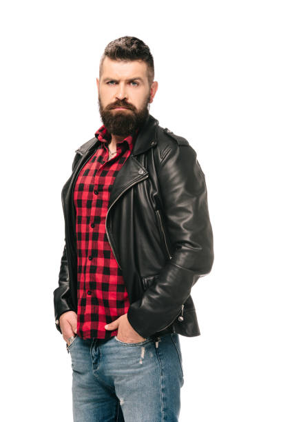 istock confident bearded man in black leather jacket isolated on white 1144525301