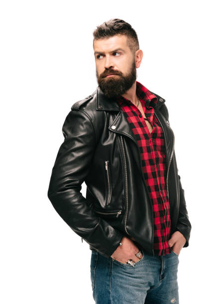 istock bearded man in black leather jacket isolated on white 1144525309