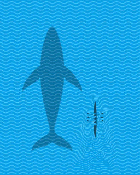 Vector illustration of blue Whale swimming with rowing boat