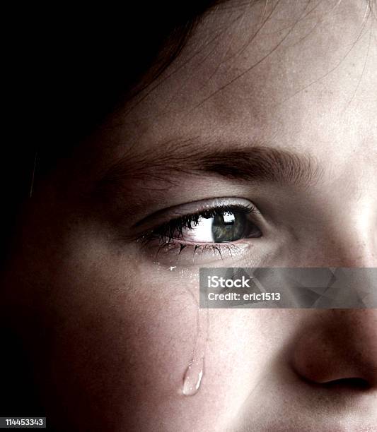 Ragazza Piange Con Lacrima Sulla Guancia - Fotografie stock e altre immagini di Piangere - Piangere, Sofferenza, Adolescente