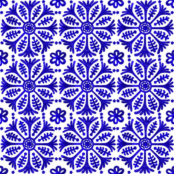 ilustraciones, imágenes clip art, dibujos animados e iconos de stock de acuarela pintado a mano azul marino azulejo. patrón de azulejo vectorial, mosaico floral árabe de lisboa, ornamento azul marino sin costuras mediterránea - repeating tile illustrations