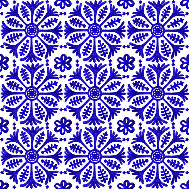 ilustrações, clipart, desenhos animados e ícones de mão da aguarela-telha pintada do azul de marinha. teste padrão da telha do vetor, mosaico floral árabe de lisboa, ornamento azul marinho sem emenda mediterrâneo - seamless paisley floral pattern pattern