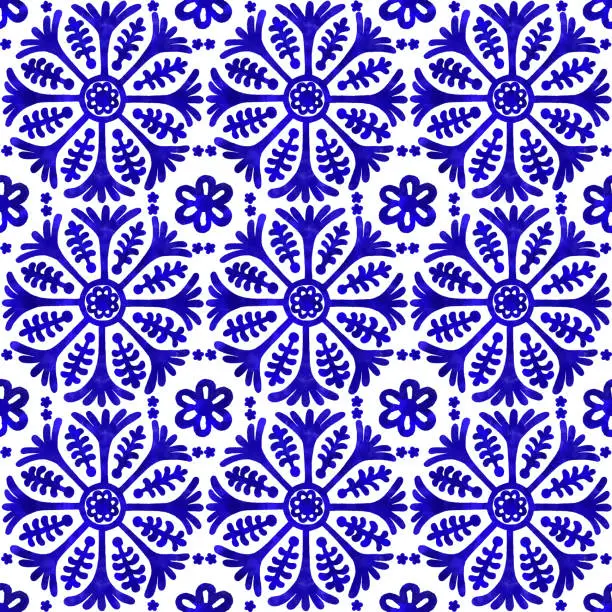 Vector illustration of Watercolor Hand Painted Navy Blue Tile. Vector tile pattern, Lisbon Arabic Floral Mosaic, Mediterranean Seamless Navy Blue Ornament
