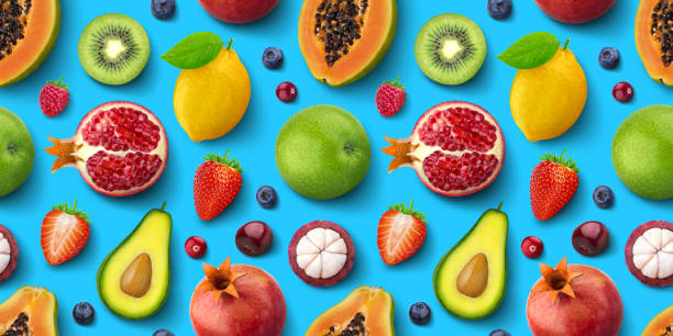 istock Seamless pattern of different fruits and berries, flat lay, top view, tropical and exotic texture 1144534098
