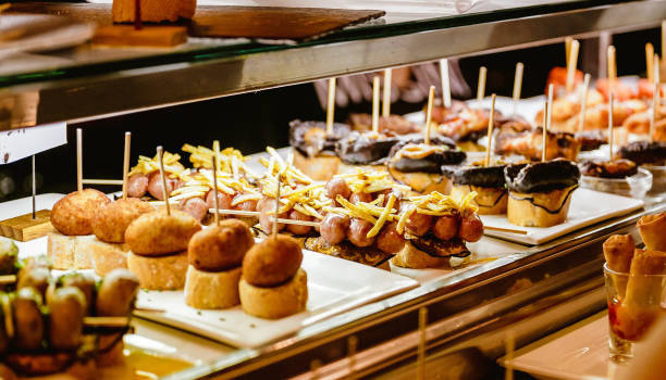 Spanish Tapas Food for sale in restaurant Spanish Tapas Food for sale in restaurant tapas photos stock pictures, royalty-free photos & images