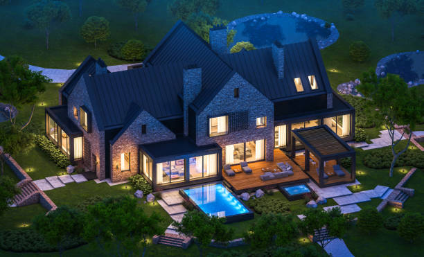 istock 3d rendering of modern clinker house on the ponds with pool in night 1144535130