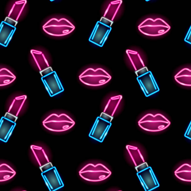 illustrazioni stock, clip art, cartoni animati e icone di tendenza di motivo senza cuciture con icone al neon di rossetto e labbra femminili su sfondo scuro. cosmetici, girly, fachion, concetto di trucco. illustrazione eps vector 10. - lipstick