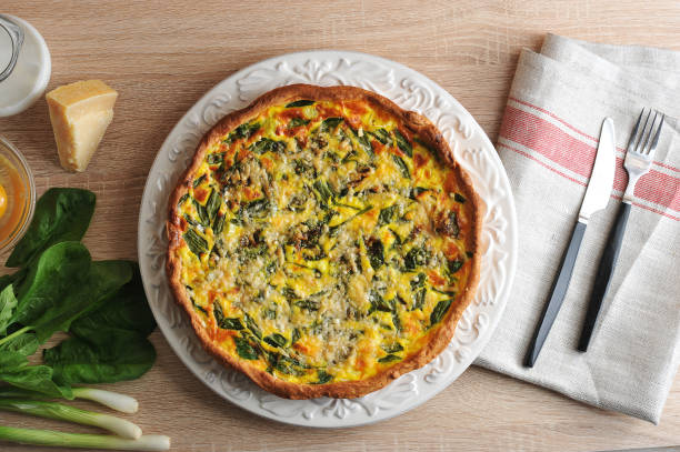 istock Cake pie of quiche with spinach and green onions on a white plate. 1144536260