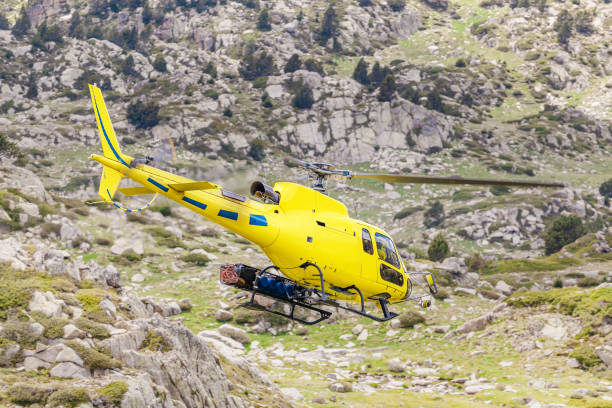 istock Helicopter flight over Pyrenees Mountain valley, emergency and transport concept 1144537237