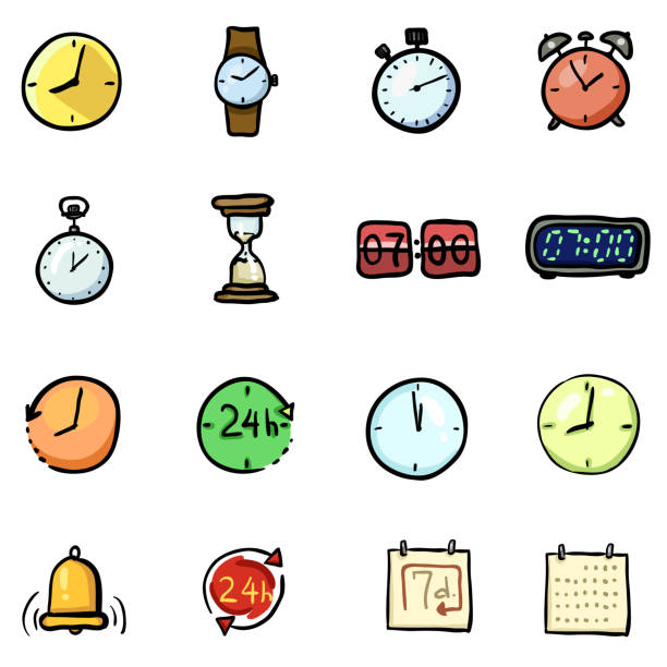 vector-set der farb-doodle time icons - clock number 7 clock face watch stock-grafiken, -clipart, -cartoons und -symbole