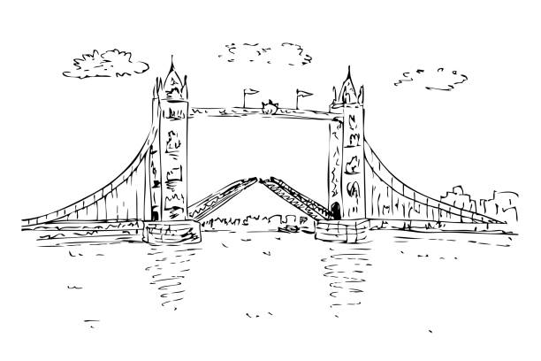 деталь черно-белый ручной эскиз лондон бригде облако и ворота англии - big ben isolated london england england stock illustrations