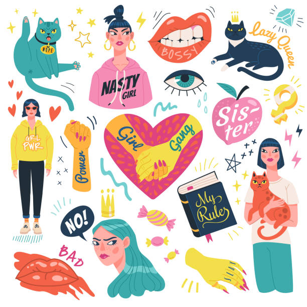 Girl power stickers collection. Vector illustration of feminist symbols, girls and funny grumpy cats in trendy flat style. Isolated on white background. Cruel stock illustrations