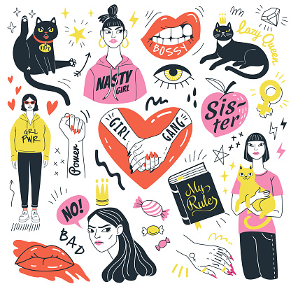 Vector illustration of feminist symbols, girls and funny angry cats in doodle style. Isolated on white background.