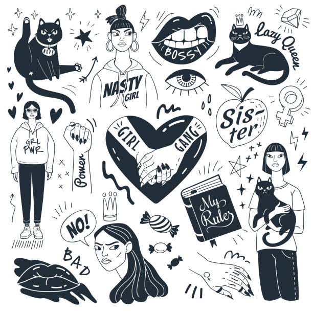 Nasty girls and grumpy cats. Vector collection of doodle feminist pictures and symbols. Isolated on white background. candy in mouth stock illustrations