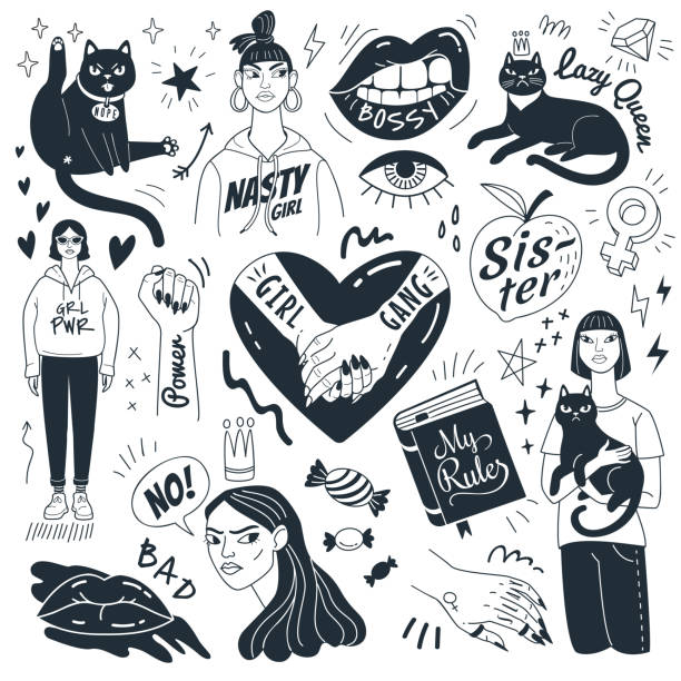 Nasty girls and grumpy cats. Vector collection of doodle feminist pictures and symbols. Isolated on white background. woman tattoos stock illustrations