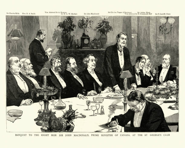 Banquet for John Macdonald, Canadian Prime Minister, St George's Club Vintage engraving of Banquet to the right hon. Sir John Macdonald, Prime Minister of Canada at the St George's Club, London, 1886, 19th Century gentlemens club stock illustrations