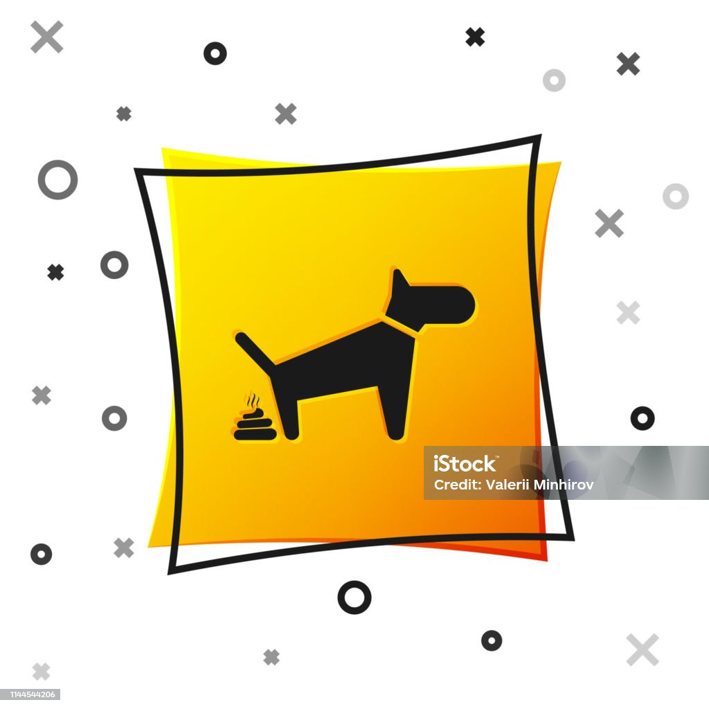 Black Dog pooping icon isolated on white background. Dog goes to the toilet. Dog defecates. The concept of place for walking pets. Yellow square button. Vector Illustration Animal stock vector