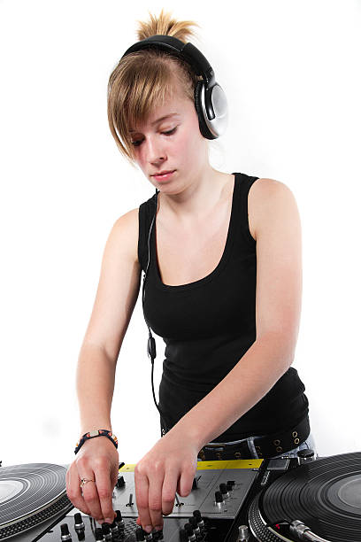 istock Young female DJ playing music 114454465