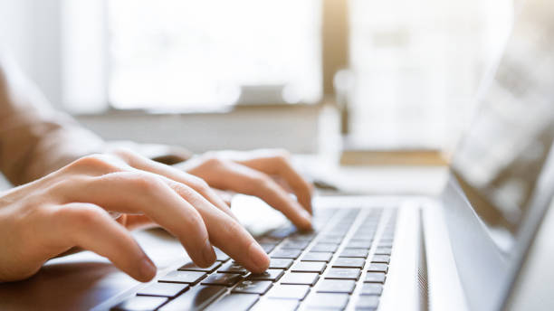 website technical content writer social blogging Website technical content writer. Network service. Social media blogging. Closeup of hands typing on laptop, creating new article. article stock pictures, royalty-free photos & images