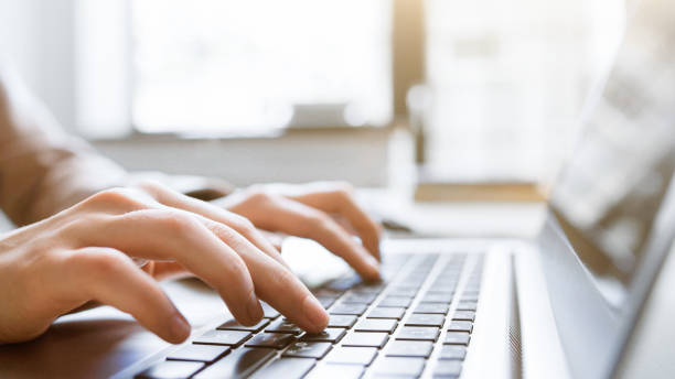 website technical content writer social blogging Website technical content writer. Network service. Social media blogging. Closeup of hands typing on laptop, creating new article. writing stock pictures, royalty-free photos & images