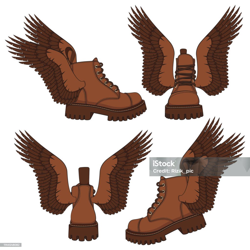 Set of color illustrations of brown boots with wings. Isolated vector objects. Set of color illustrations of brown boots with wings. Isolated vector objects on white background. Animal Wing stock vector