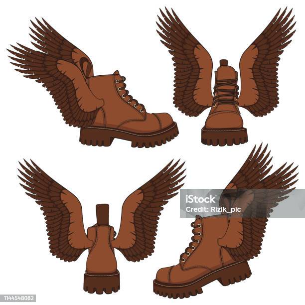 Set Of Color Illustrations Of Brown Boots With Wings Isolated Vector Objects Stock Illustration - Download Image Now