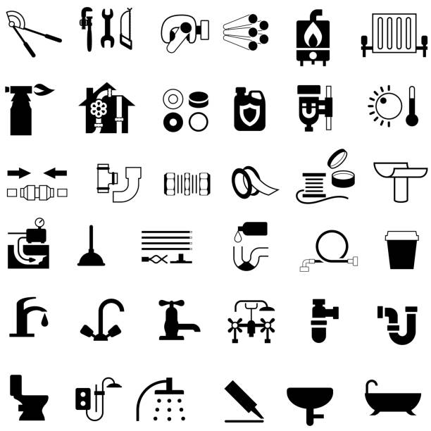 ilustrações, clipart, desenhos animados e ícones de acessórios do encanamento, ferramentas e ícones do equipamento - sink toilet bathtub installing