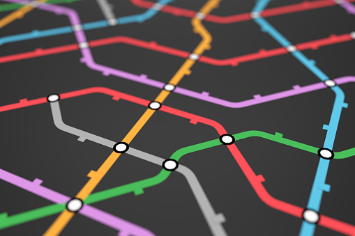 Colorful metro scheme, railway transport or city bus map on black background surface. Abstract 3D illustration