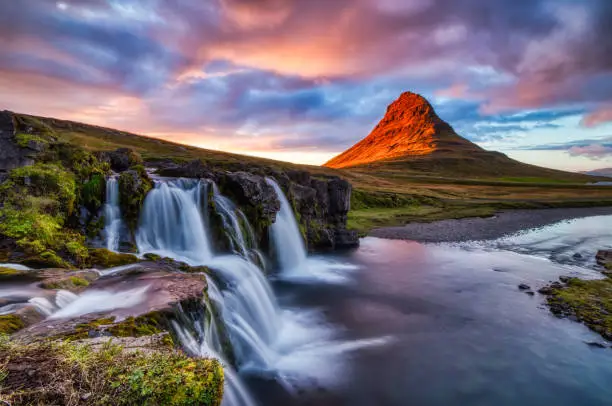 Iceland Landscape Summer Panorama, Kirkjufell Mountain at Sunset with Waterfall in Beautiful Light