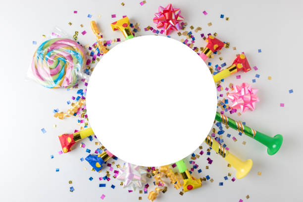 istock Colorful celebration background with various party confetti, streamers and decoration. Minimal party concept. Flat lay. 1144551141