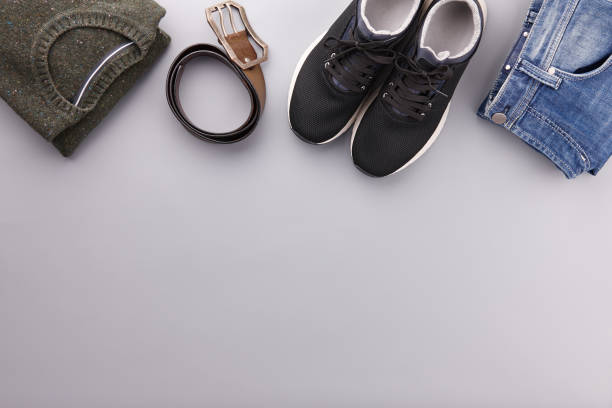 istock Mens summer casual clothes flat lay on gray 1144551539