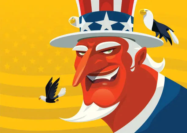 Vector illustration of Evil Uncle Sam smiling with bald eagles