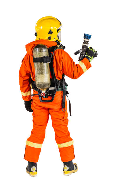 istock Firefighter with mask and airpack fully protective suit and fog nozzle. Isolated on white background 1144557304